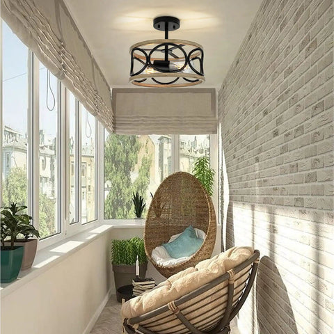 Sunlit room with 2 Light Farmhouse Semi Flush Mount Ceiling Light Fixture With Open Drum Frame In Rustic Brown Finish 12.8 Inch