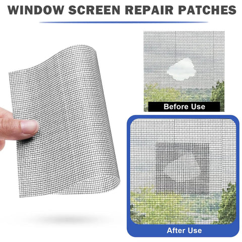 16 Pack Window Screen Patch Kit With 5x7 And 4.5x4.5 Inch Patches Fiberglass Self Adhesive Waterproof Mesh Tape before and after use
