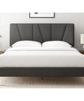Straight Up Comfy Premium Upholstered Queen Bed Frame Featuring A Bold Asymmetric Headboard And Iron Clad Steel Base For A Seamless Setup Construction in dark grey fabric with white bedding.