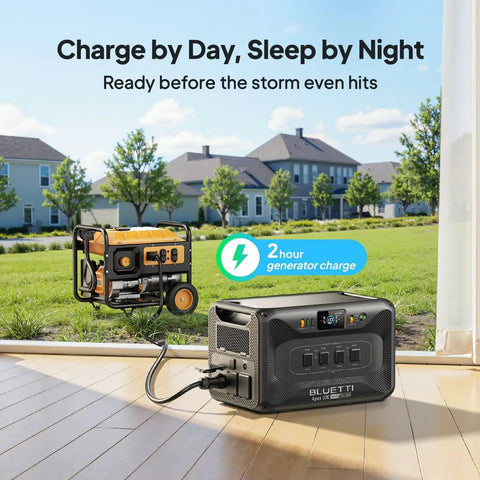 Apex 300 Portable Power Station with 2764.8Wh LFP battery, 6 AC outlets, showcased outdoors next to a traditional generator.