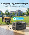 Outdoor view of Apex 300 Portable Power Station with B300K Expansion Battery charging on patio with houses in background