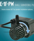 Submersible Direct Drive Fountain Pump 115V 170 GPH 1/125 HP Epoxy Filled 15 Ft Cord showcasing rotatable volute for installation options