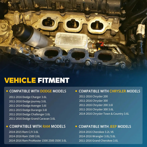 Close-up of engine components with vehicle fitment list for 2011-2016 Chrysler, Dodge, Ram, and Jeep 3.6L models