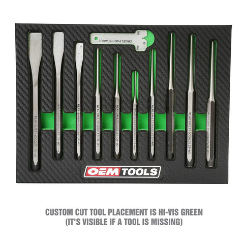 11 Piece Punch And Chisel Set For Metalworking Pro Grade Tools Made From Heat Treated Alloy Steel with Green EVA Organizer Tray