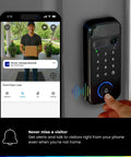 Secure View 3-In-1 Smart Lock Deadbolt With Video Doorbell And 2K HDR Camera showing phone app notification and lock interface