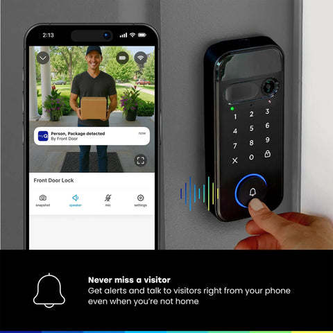 Secure View 3-In-1 Smart Lock Deadbolt With Video Doorbell And 2K HDR Camera showing phone app notification and lock interface
