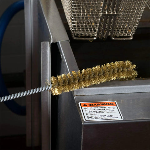 Deep Fryer Cleaning Brush 27 Inch Straight High Temp Commercial Kitchen Tool With Heavy Duty Brass Bristles Heat Resistant Up To 750 F Deep Fryer Cleaner Made In USA, close-up of brass bristles on industrial fryer