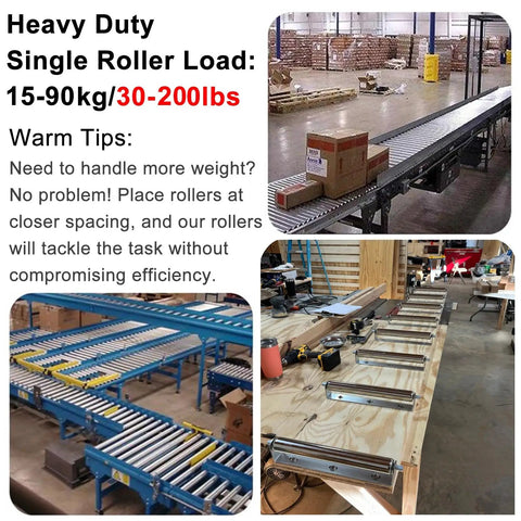 Heavy Duty 2 Pack Gravity Conveyor Rollers Replacement 1.5 Inch X 22 Inch Long showcasing rollers arranged for efficient material movement.