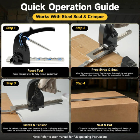 Quick operation guide for Heavy Duty Manual Steel Strapping Tensioner With Pro-Grade Ergonomic One-Hand Pusher Bar For Quick Bundling, Fits 3/8 To 1/2 Inch Steel Straps, Ideal For Warehouse And Factory Use, Durable And Easy To Use, Fast Adjustable Tension.
