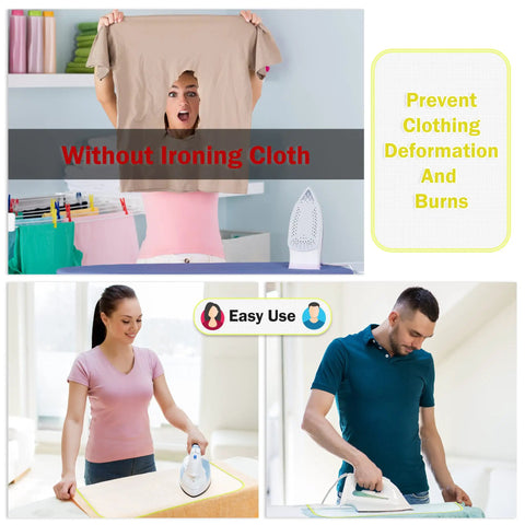 10 Pack Mesh Ironing Cloths 24x16 Inches Large Pressing Pads For Ironing Board Hangers Multi Protective Reusable Shield Ideal For Shirts Suits Delicates With Even Steam Through Design In Seven Color Options being used by a man and woman ironing.