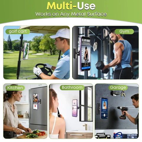 Stay Locked In Hella Secure Magnetic Golf Cart Phone Mount With Easy One Hand Snap On For Iphone And Android On Any Flat Metal Panel Perfect For Bumps And Smooth Gps Viewing used in various settings like golf carts, gyms, kitchens, and garages.