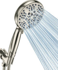 Powerful High Pressure Handheld Shower Head With 5 Spray Modes, Detachable Rain Showerhead, water flowing, brushed nickel finish
