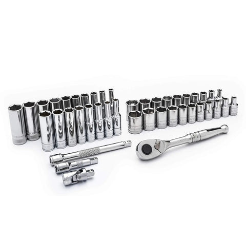 43 Piece 1/4 Inch Drive SAE And Metric Socket Set With Ratchet Quick Release 72-Tooth Mechanism Standard And Deep Sockets Extension Bars
