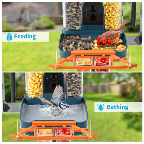Outdoor Bird Feeder Camera Bird Bath Dual Lens 2K HD Smart Feeder Solar Powered AI Bird Identification Instant Alerts IP66 Weatherproof Outside Bird Watching Great Backyard Wildlife Observation with birds feeding and bathing.