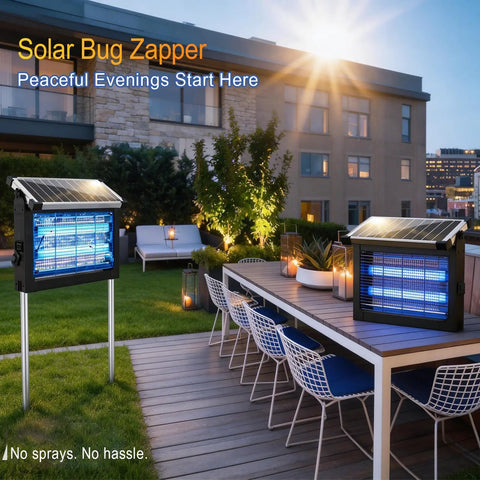 Beast Outdoor Mosquito Zapper with 4500V electric grid on a patio table, solar panels, and evening setting