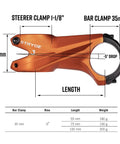 Stryge Drop Stem For 35mm Handlebars, -5 Degree Drop, 75mm Length, 35mm Bar Clamp, dimensions and features diagram