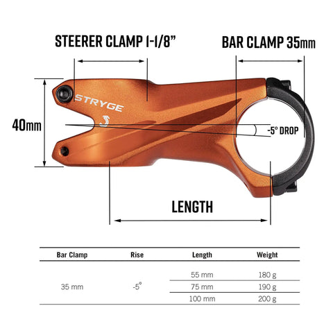 Stryge Drop Stem For 35mm Handlebars, -5 Degree Drop, 75mm Length, 35mm Bar Clamp, dimensions and features diagram