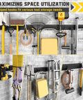 64 Inch Garage Wall Tool Organizer With 900 Lb Heavy Duty Steel Rack 12 Longer And Thicker Hooks Plus 2 Straps installed on wall
