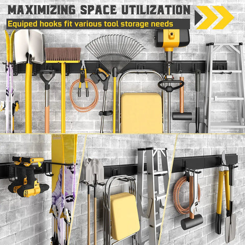 64 Inch Garage Wall Tool Organizer With 900 Lb Heavy Duty Steel Rack 12 Longer And Thicker Hooks Plus 2 Straps installed on wall