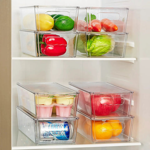 Top Shelf Eight Piece Clear Stackable Storage Bins With Slick Snap Lids Go To Fridge Organizers Pantry Keepers Cabinet Stashers Kitchen Space Saving No Fuss Home Fix with fruits and vegetables in fridge.