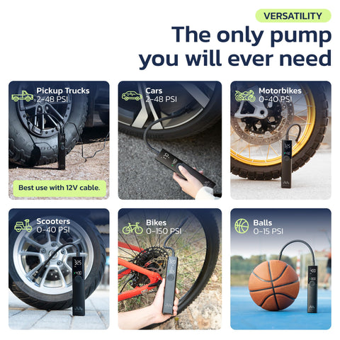 Cordless Tire Inflator Portable Air Compressor For Cars And Trucks 150 PSI High Flow Pump inflating various tires and ball