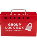 USA Made Portable Steel Group Lockout Tagout Box for Lockouts and Keys, displaying front view with red finish and safety text.