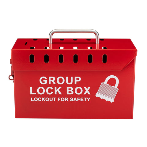 USA Made Portable Steel Group Lockout Tagout Box for Lockouts and Keys, displaying front view with red finish and safety text.