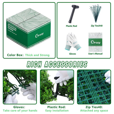 Artificial Hedge Wall Panels 20x20 Inch Boxwood Set, 12 Pieces, green box, installation tools, gloves, zip ties, plastic rod