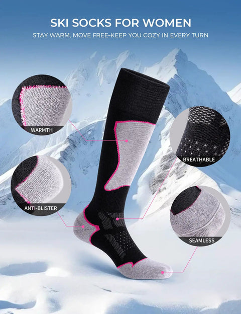 Merino Wool Ski Socks 2 Pack Thermal Warm Knee High For Snowboarding And Skiing Thick Cushioned Knee And Heel Keep Your Feet Toasty Moisture Wicking Comfort Black And Rose Red Small showing warmth and anti-blister features.