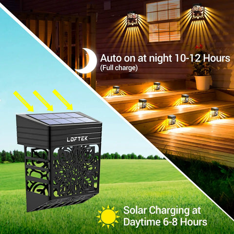 Eight Pack Solar Fence Lights With Dusk To Dawn Auto On, solar panels charging during day, illuminating steps at night