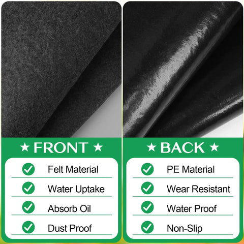 Outdoor Shed Floor Mat 7 X 4 Ft Waterproof Oil Absorbing Carport Pad With Non Slip Backing showing felt and PE materials.