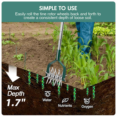 Compact Rotary Cultivator With Adjustable Stainless Steel Handle For Small Gardens Eight Tine Aluminum Head Loosens Soil