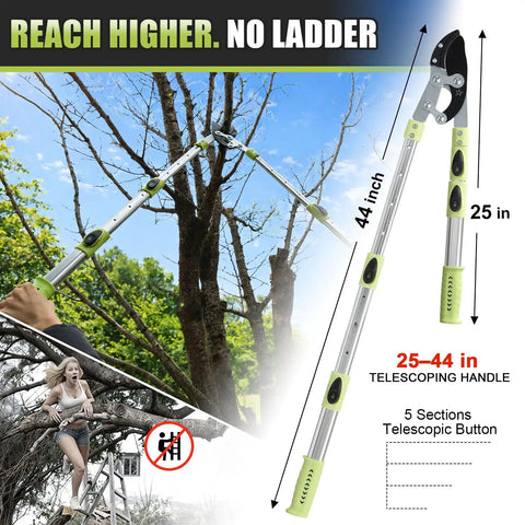 Heavy Duty Extendable Branch Loppers For Pruning 25 To 44 Inch Reach showcased against tree with telescopic handle extension visualization