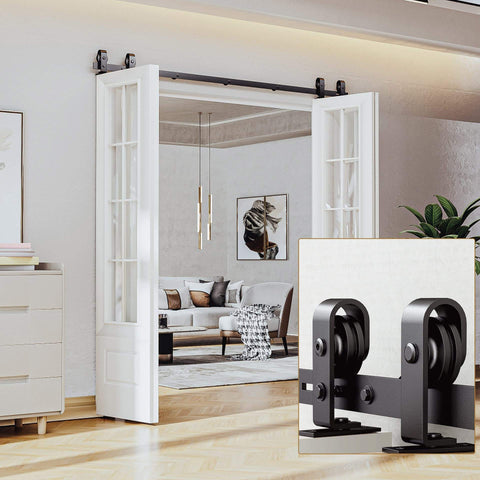 Heavy Duty Four Door Bifold Barn Door Hardware Kit With Black Track And Top Mounted Rollers For Smooth Bifold Sliding Doors Includes Rail Sections Rollers Hinges Floor Guides And Mounting Screws Door Not Included installed in room