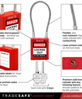 Lockout Tagout Steel Cable Locks With Keys 10 Red Keyed Alike Electrical Lockout Padlock Set With 2 Keys Per Lock Premium Grade LOTO Locks OSHA Compliant shown with features