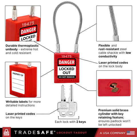 10 Red Keyed-Different Lockout Padlocks With Steel Cable Locks For Safe Lockout Tagout, 2 Keys Each, OSHA Compliant set displayed