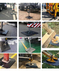 Badass Sturdy Travel Trailer Stand Pads Stackable Waterproof RV Support Blocks under heavy machinery on various surfaces.