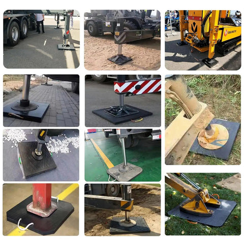 Badass Sturdy Travel Trailer Stand Pads Stackable Waterproof RV Support Blocks under heavy machinery on various surfaces.