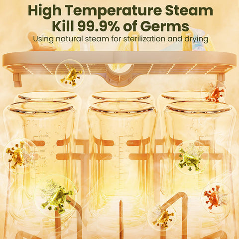 MOLWAY Upgraded Bottle Washer Pro all-in-one baby bottle sterilizer and dryer with three glass bottles under steam rack