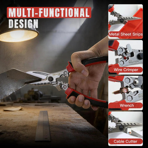 Electrician Utility Scissors 4 In 1 Tool With Tin Snips Cable Cutter Crimping Tool And Hex Wrench Pro Grade Quality For Cutting Sheet Metal Hardware Cloth Carpet Cardboard Terminals, red handles on metal sheet