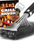 Heavy Duty Grill Brush And Scraper With 18 Inch Adjustable Handle For Outdoor Gas And Charcoal Grills Bottle Opener Included No Mess Cleanup Extra Strong Grill Cleaner For Grates And Racks displayed with bottle opener.