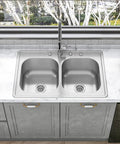 Drop In Double Bowl Kitchen Sink 33 Inch By 22 Inch By 9 Inch, 18 Gauge 304 Stainless Steel Satin Finish, installed in marble countertop