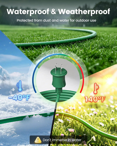 Heavy Duty 25 Foot Outdoor Extension Cord With Triple Waterproof Outlets For Patio Parties And Holiday Displays in use on grass, weatherproof features illustrated.