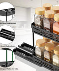 Close-up of Pull Out Spice Rack Organizer For Cabinets, 3 Pack Slide Out Pantry Shelves with spice jars and dual rail system.