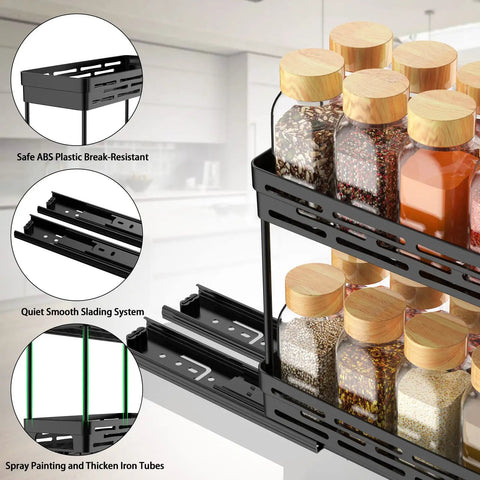 Close-up of Pull Out Spice Rack Organizer For Cabinets, 3 Pack Slide Out Pantry Shelves with spice jars and dual rail system.