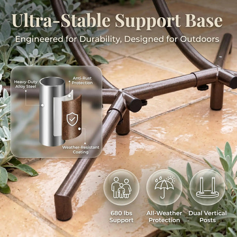 Close-up of an ultra-stable support base for Double Hanging Egg Chair With Stand For Patio Or Balcony Oversized Two Person Outdoor Swing With Thick Cushions And All Weather Wicker Loveseat Beige Great For Outdoor Lounging And Socializing, showing heavy-duty alloy steel with anti-rust coating on a patio.