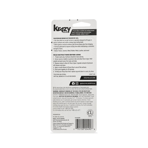 Back view of Max Bond Gel EZ Squeeze Crazy Strong Heavy Duty Super Glue Ultra Fast 10 Second Set instruction label and packaging.