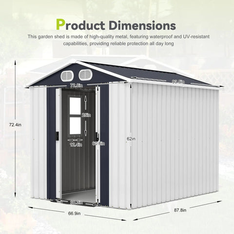 Heavy Duty 8x6 Ft Outdoor Metal Storage Shed With Reinforced Frame Lockable Doors Air Vents Weatherproof Built To Last