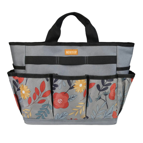 Floral Garden Tool Tote Organizer Bag with 8 roomy pockets, durable 600D Oxford exterior, reinforced bottom, easy carry handle.
