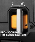 Auto-locking slide switch on StackTech XL Tool Box Organizer With Locking System And Removable Tray Heavy Duty Tool Storage